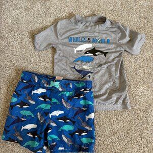 Cat & Jack Swim Suit Rashguard SPF T-shirt Whales Blue Grey Toddler Size 2T